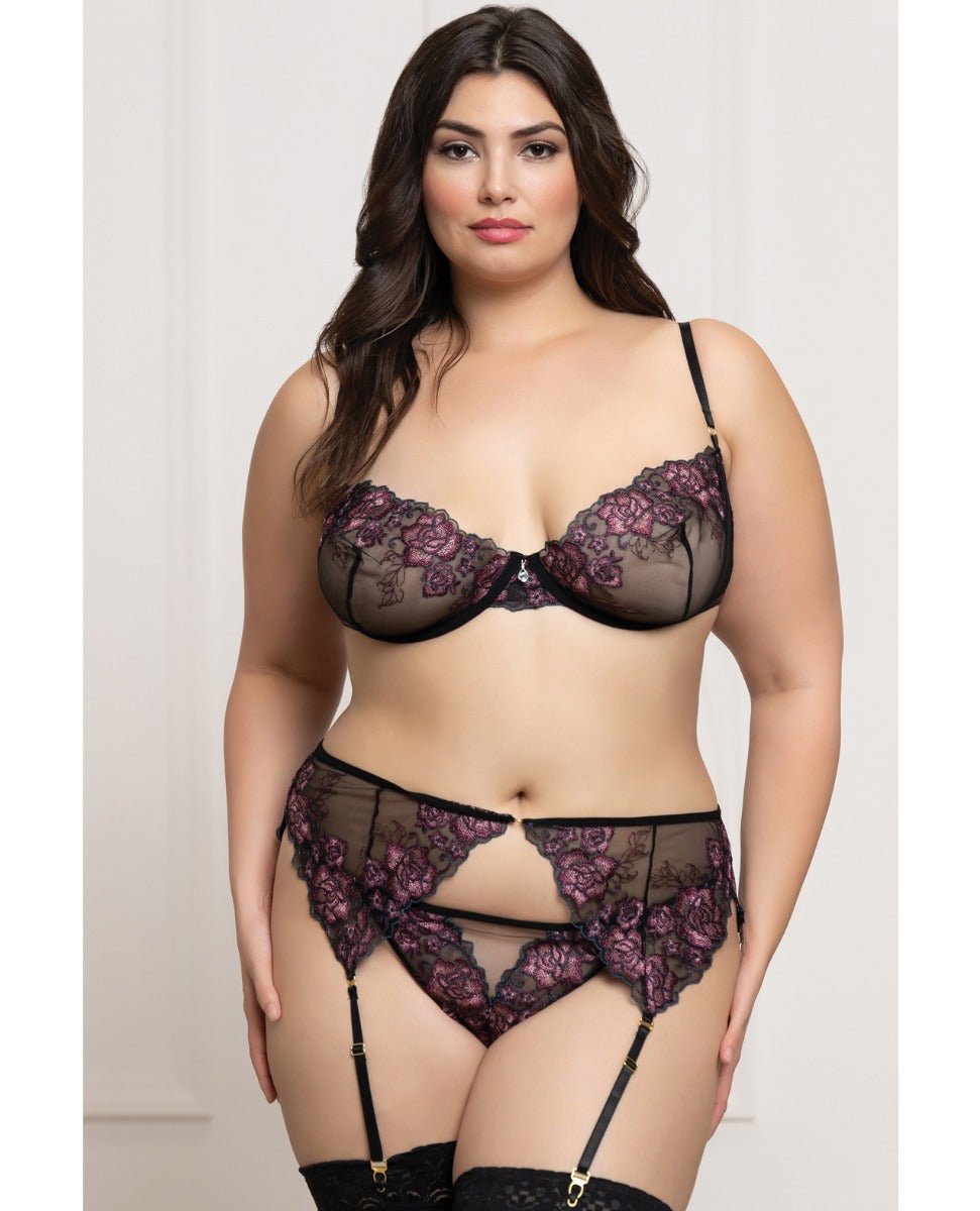 Floral Lace and Mesh Underwire Bra w/Garter & Thong 3 pc Set - Black/Purple 1X/2X | Shop Lowest Prices at Funlove.com