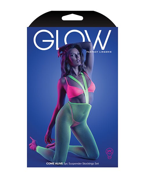 Glow Come Alive Suspender Stockings, Bralette & G - String Multi Color O/S | Shop Lowest Prices at Funlove.com