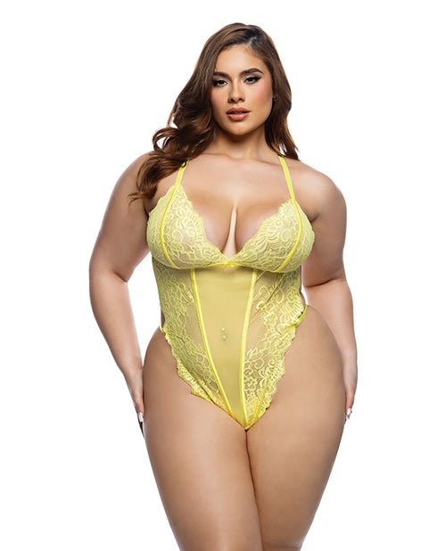 Kiss & Bloom Floral Eyelash Lace and Mesh Teddy - Yellow 1X | Shop Lowest Prices at Funlove.com