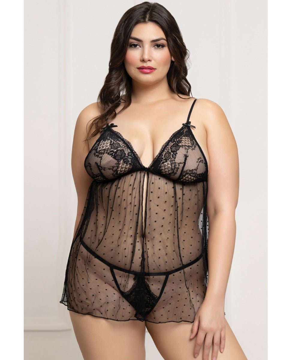 Lace and Dot Mesh Babydoll w/G - String - Black QN | Shop Lowest Prices at Funlove.com