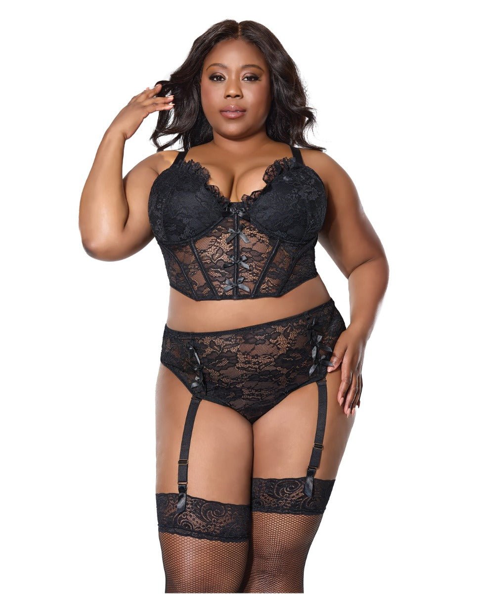 Lace Bustier w/Padded Cups & Gartered Thong Panty 2 pc Set - Black 1X/2X | Shop Lowest Prices at Funlove.com