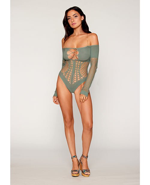 Long Sleeve Opaque and Fishnet Seamless Teddy with Removable Halter Chain | Shop Lowest Prices at Funlove.com