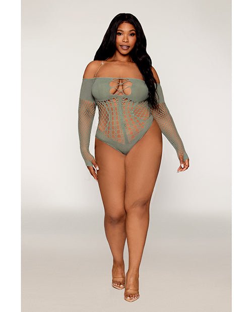 Long Sleeve Opaque and Fishnet Seamless Teddy w/Removable Halter Chain | Shop Lowest Prices at Funlove.com