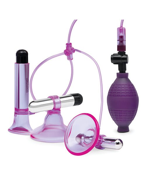 Lux Fetish Vibrating Nipple Suckers w/Clitoral Pump & Quick Release - Pink/Purple | Shop Lowest Prices at Funlove.com