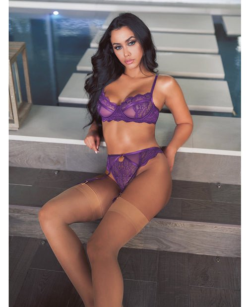 Margo Lace & Mesh Underwire Bra w/Gartered Panty 2 pc Set - Imperial Purple L/XL | Shop Lowest Prices at Funlove.com