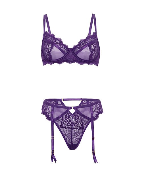 Margo Lace & Mesh Underwire Bra w/Gartered Panty 2 pc Set - Imperial Purple L/XL | Shop Lowest Prices at Funlove.com