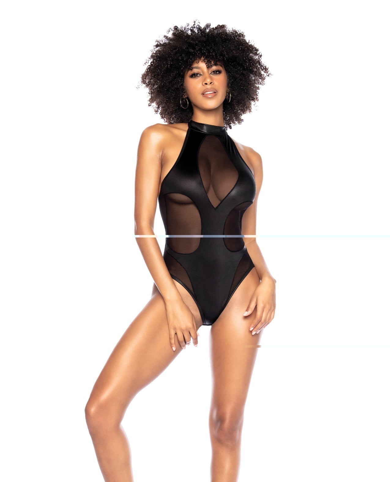 Mesh & Wet Look Halter Bodysuit Black | Shop Lowest Prices at Funlove.com