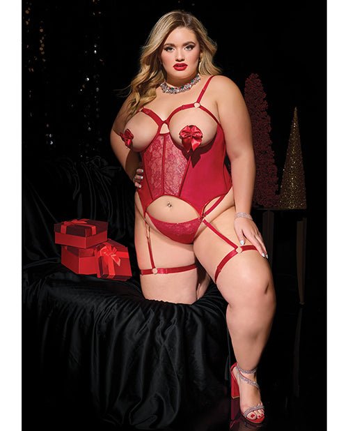 Metallic Stretch Scallop Lace and Mesh Bustier w/Thong - Red 1X/2X | Shop Lowest Prices at Funlove.com