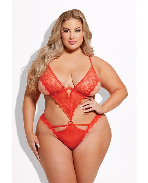Nadia Lace & Mesh Cutout Teddy - Grenadine Dark Orange 1X/2X | Shop Lowest Prices at Funlove.com