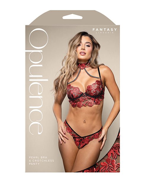 Opulence Embroidered Underwire Bralette & Crotchless Panty w/Pearl Details 2 pc Set - Red L/XL | Shop Lowest Prices at Funlove.com