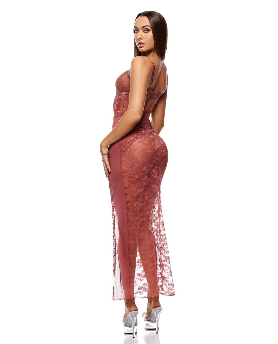 Patch Of Petals Sheer Mesh and Lace Gown w/Thong 2 pc Set - Mauve SM | Shop Lowest Prices at Funlove.com