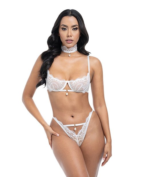 Pearla Lace Underwire Bra & Open Back Panty w/Matching Collar 3 pc Set - White L/XL | Shop Lowest Prices at Funlove.com