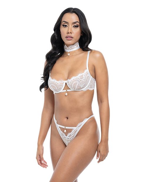 Pearla Lace Underwire Bra & Open Back Panty w/Matching Collar 3 pc Set - White L/XL | Shop Lowest Prices at Funlove.com