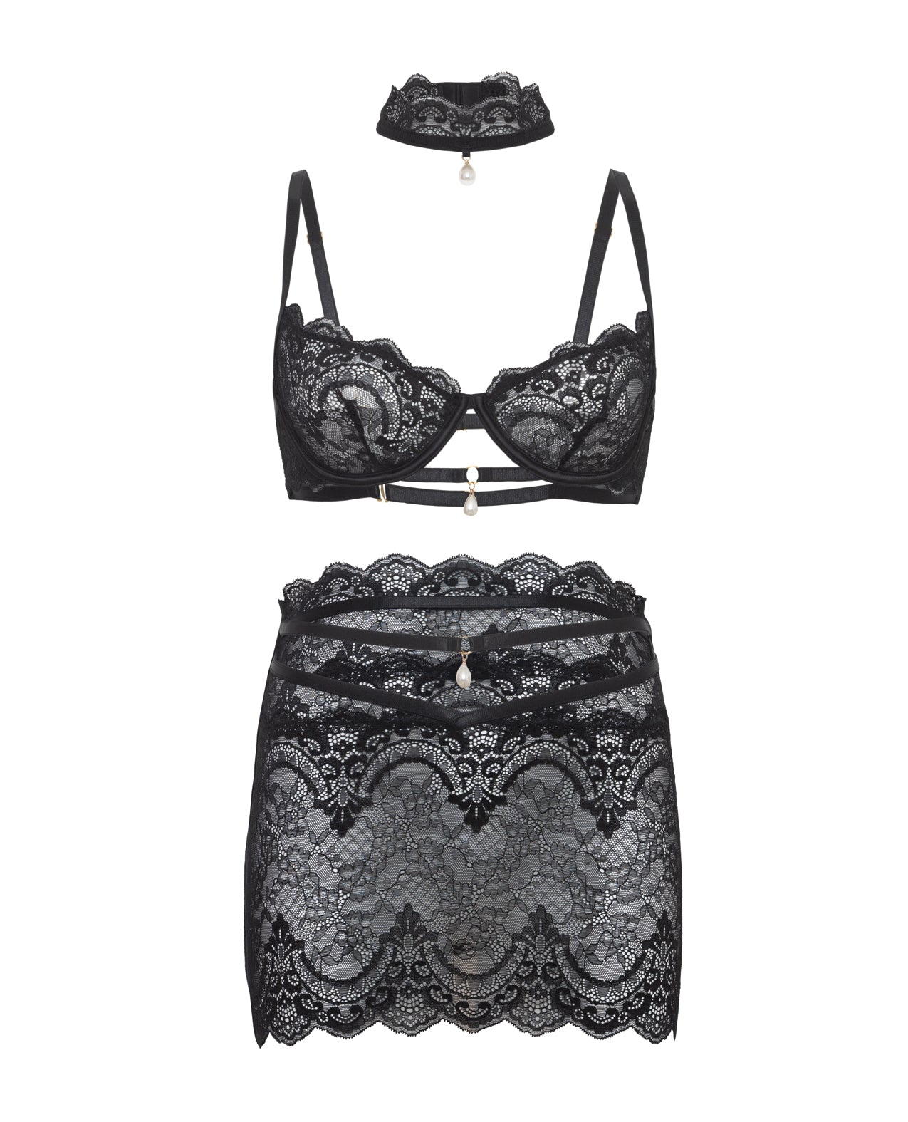 Perla Lace 3 pc Set w/Pearl Details - Black | Shop Lowest Prices at Funlove.com