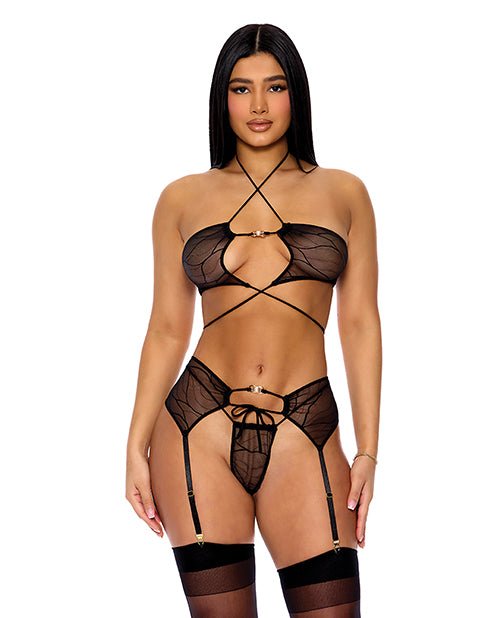Pull My Strings Mesh Halterneck Bra w/Garter & Panty - Black | Shop Lowest Prices at Funlove.com