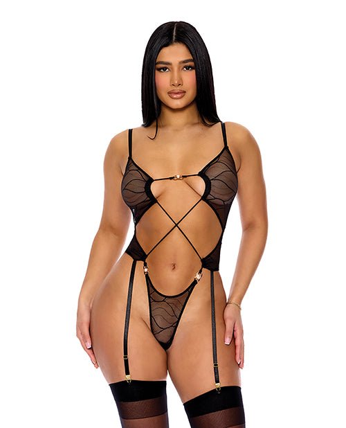 Pull My Strings Sheer Mesh Teddy with Garters & Faux Pearl Details | Shop Lowest Prices at Funlove.com