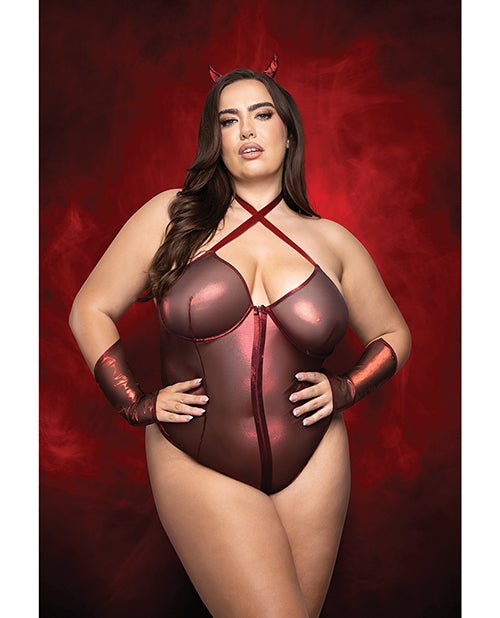Raising Hell Front Zip Halter Teddy w/Fingerless Gloves & Headband 3 pc Set - Red 1X/2X | Shop Lowest Prices at Funlove.com