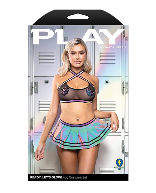 Ready Let's Glow Flash Reflective Mesh Top w/Skirt, G - String & Pom - Pom Pasties 4 pc Set - Multi Color S/M | Shop Lowest Prices at Funlove.com
