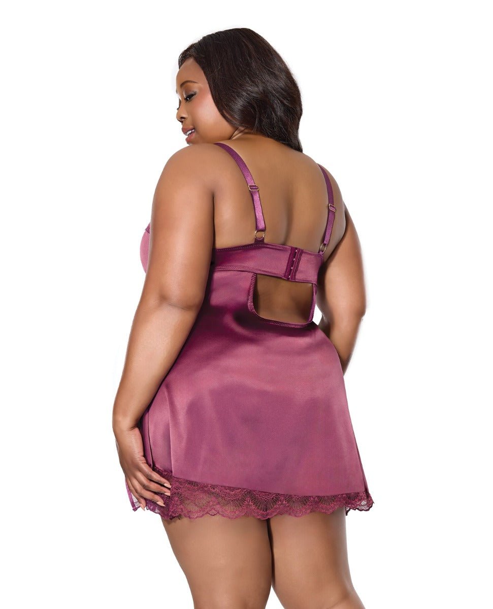 Scallop Lace Trimmed Stretch Satin Chemise w/Underwire Cups - Mauve Plum 3X/4X | Shop Lowest Prices at Funlove.com