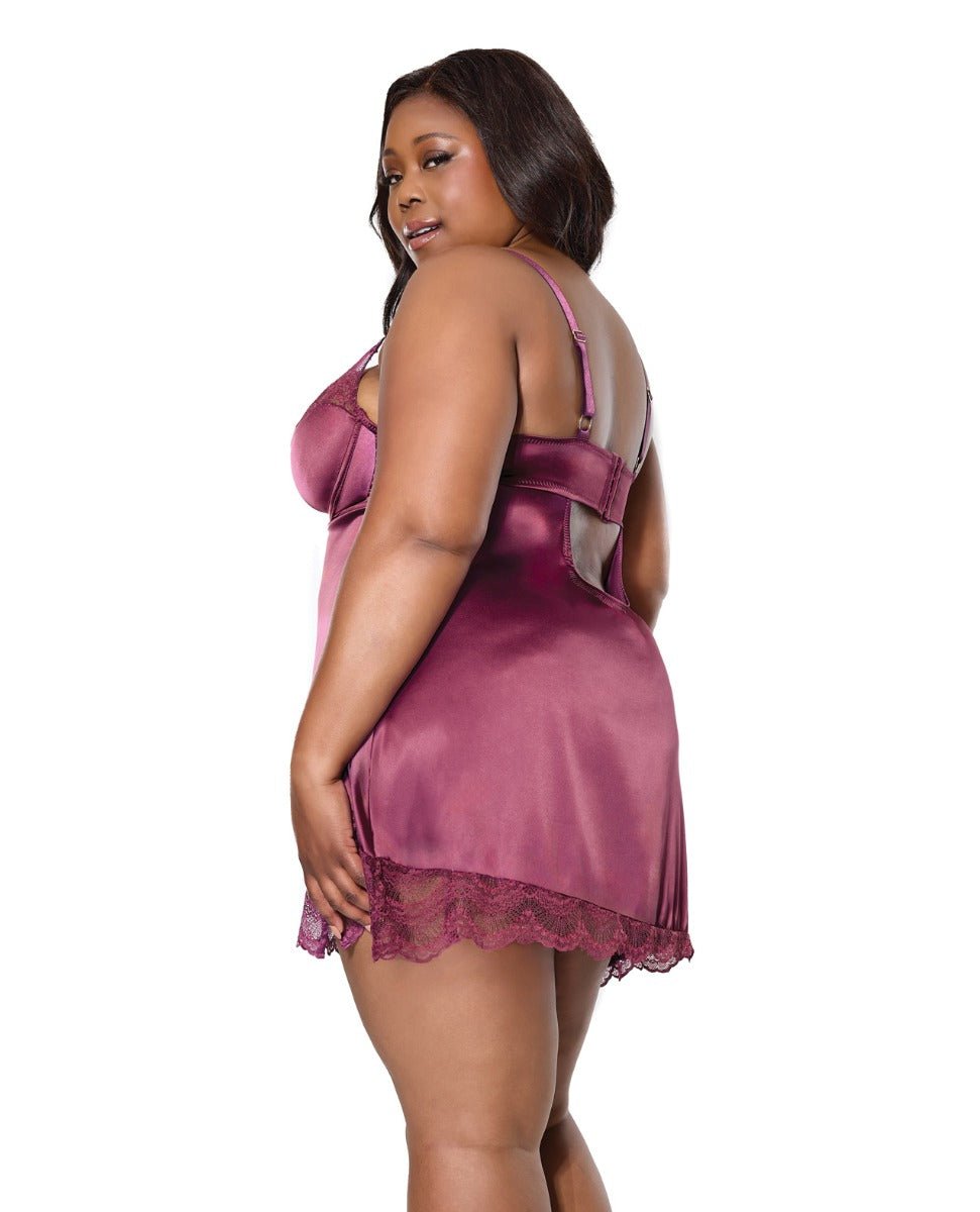 Scallop Lace Trimmed Stretch Satin Chemise w/Underwire Cups - Mauve Plum 3X/4X | Shop Lowest Prices at Funlove.com