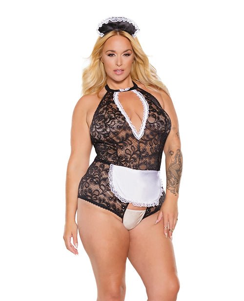 Scallop Stretch Lace Crotchless Maid Teddy w/Headpiece Black/White OS/XL | Shop Lowest Prices at Funlove.com