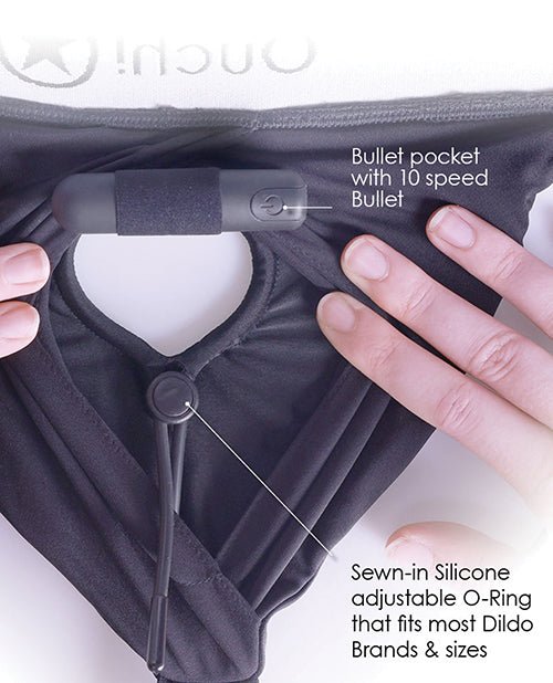 Shots Ouch Vibrating Strap On Panty Harness w/Open Back - Black XL/XXL | Shop Lowest Prices at Funlove.com