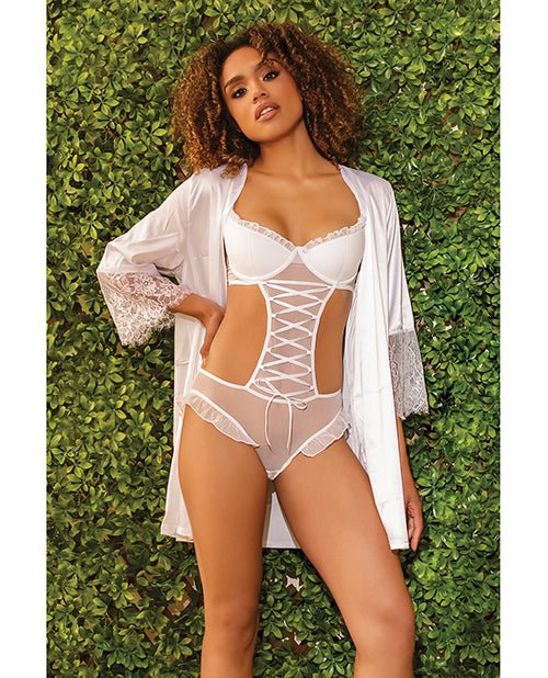 Stretch Mesh Ruffled Crotchless Teddy White LG | Shop Lowest Prices at Funlove.com