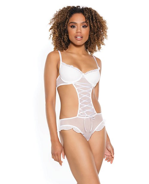 Stretch Mesh Ruffled Crotchless Teddy White SM | Shop Lowest Prices at Funlove.com