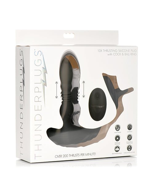 ThunderPlugs 10X Thrusting Silicone Vibrator w/Cock & Ball Strap & Remote - Black | Shop Lowest Prices at Funlove.com