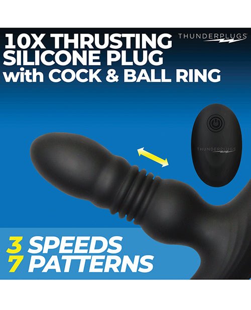ThunderPlugs 10X Thrusting Silicone Vibrator w/Cock & Ball Strap & Remote - Black | Shop Lowest Prices at Funlove.com