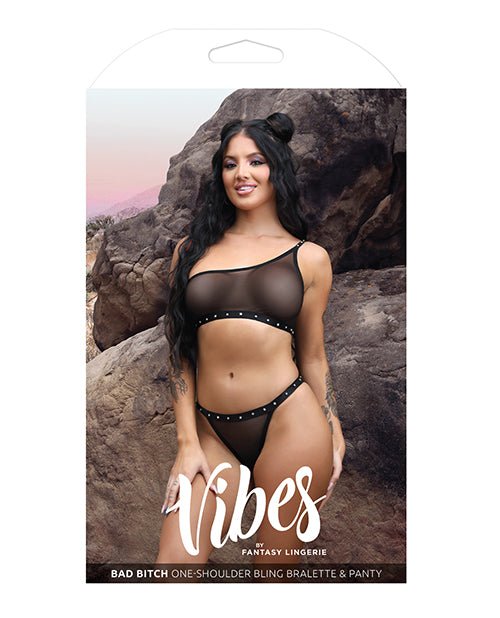Vibes Bad Bitch One Shoulder Bling Bralette & Panty Black | Shop Lowest Prices at Funlove.com
