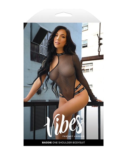 Vibes Baddie Glitter Mesh Bodysuit w/One Shoulder Long Sleeve & Snap Closure - Black L/XL | Shop Lowest Prices at Funlove.com
