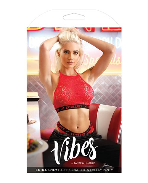 Vibes Extra Spicy Halter Bralette & Cheeky Panty Chili Red S/m | Shop Lowest Prices at Funlove.com