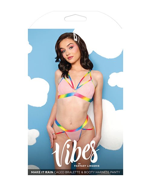 Vibes Make it Rain Caged Bralette & Panty w/Booty Rainbow L/XL | Shop Lowest Prices at Funlove.com