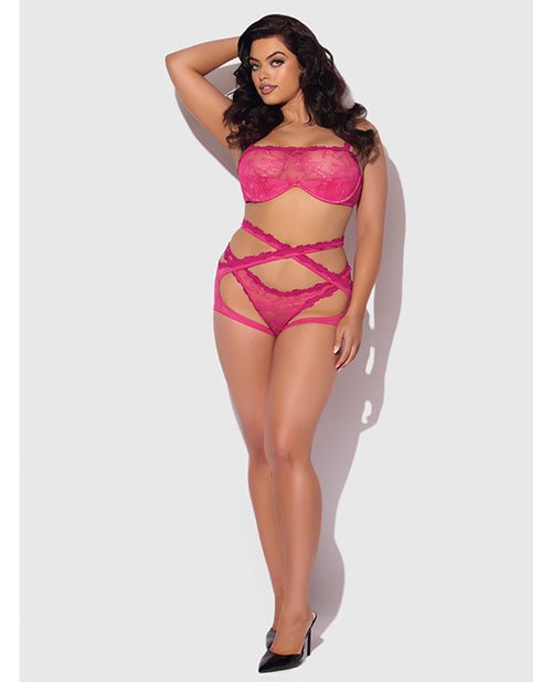 Yvone Lace Bra w/Removable Straps, Garter & Tanga Panty 3 pc Set - Pink 1X/2X | Shop Lowest Prices at Funlove.com