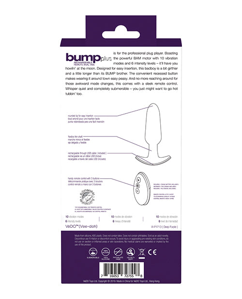 Vedo Bump Plus Rechareable Remote Control Anal Vibe - Deep Purple