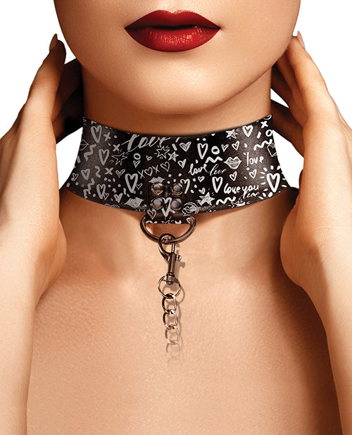 Shots Ouch Love Street Art Fashion Printed Collar W/leash - Black