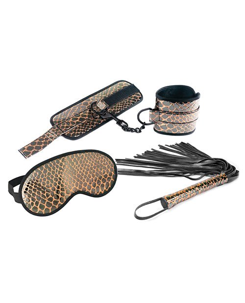 Spartacus Faux Leather Wrist Restraints Blindfold & Flogger Bondage Kit - Gold | Shop Lowest Prices at Funlove.com